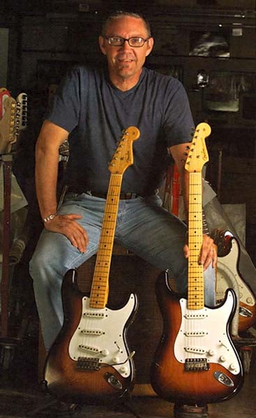 Chris Fleming with the Richard's Smith guitar and the 50th Anniversary 1954 Strat prototype