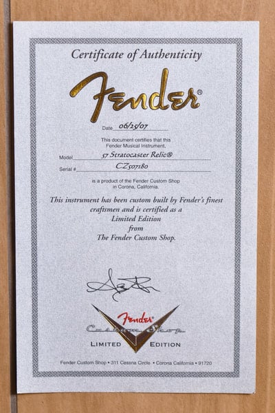 '57 Heavy Relic Stratocaster certificate