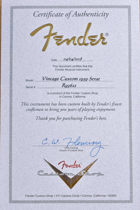 Vintage Custom 1959 Stratocaster certificate