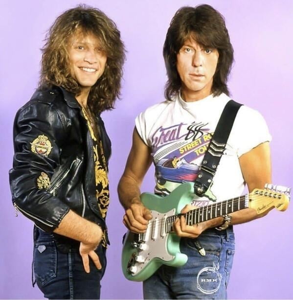 Picture from the photo session made for the October 1990 issue of Guitar magazine featuring Jeff with John Bon Jovi. The green Strat featured the roller nut and the signature on the headstock, but was devoid of the dual Lace Sensor at the bridge and the push pull switch. Is it the green prototype made by J. Black