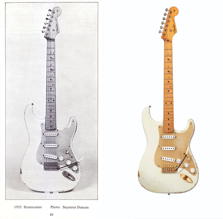 Comparison between the White Strat pictured in Ken Achard 's “The Fender Guitar”  by Seymour Duncan in 1977 and the same guitar from Christie's catalog in 2019
