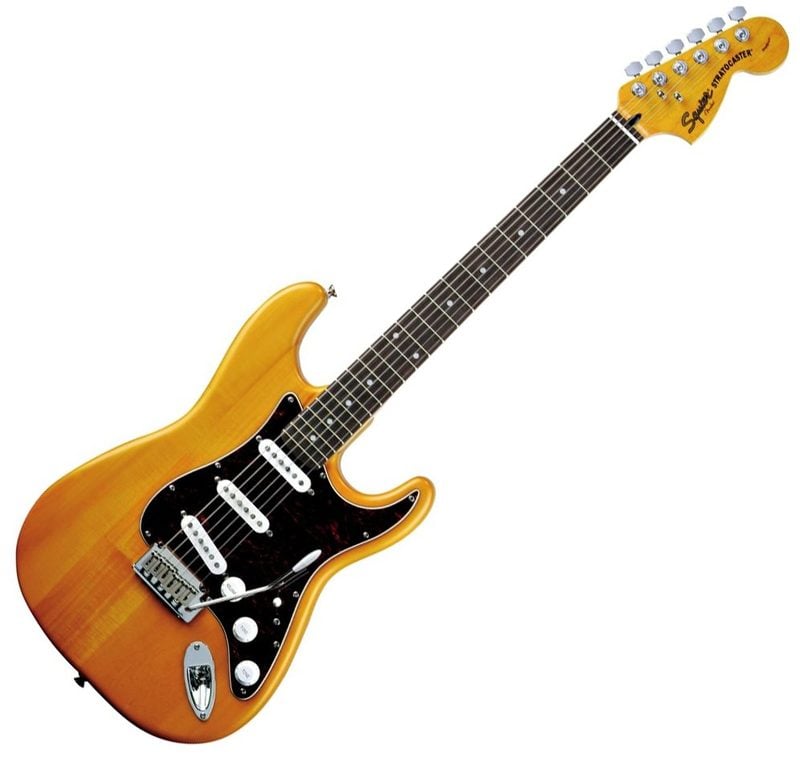 Squier Satin Trans Stratocaster, Amber Finish