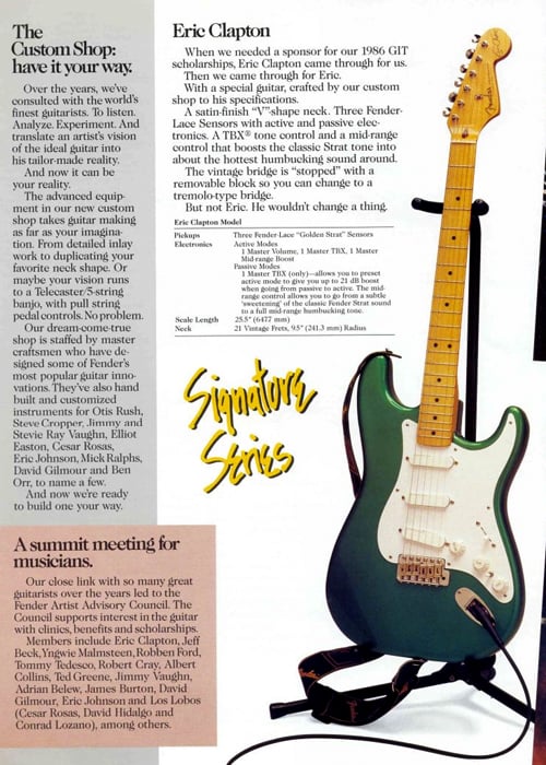 Sul catalogo Fender del 1988 compariva ancora la vecchia versione della Clapton Stratocaster, con ventuno tasti e mini-switch