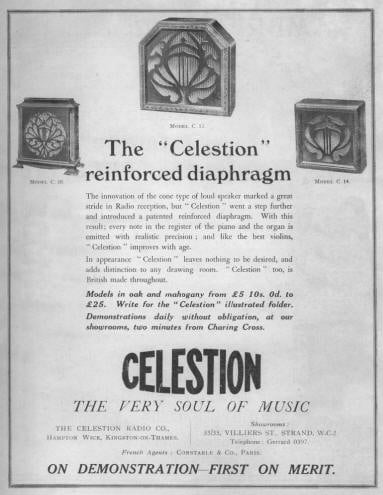 Advert del 1928 raffigurante gli altopralanti Celestion C10, C12 e C14