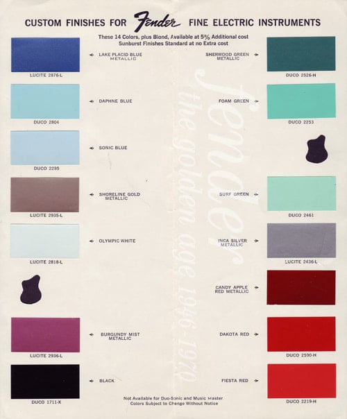 1963 Fender color chart: candy apple red replaced shell pink