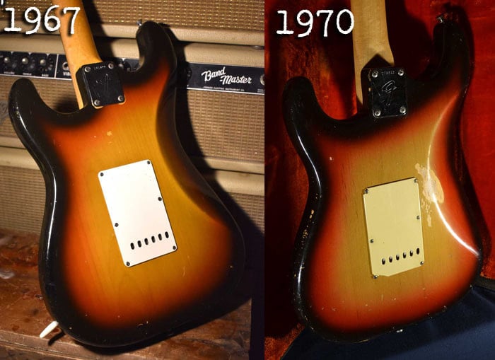 Confronto tra il corpo di una Stratocaster del 1967 ed una del 1970. Nel corso del 1969 cambiò il modo in cui era appicato il nero nella regone compresa tra i due corni e sotto il neck plate. Courtesy of Cesco's Corner
