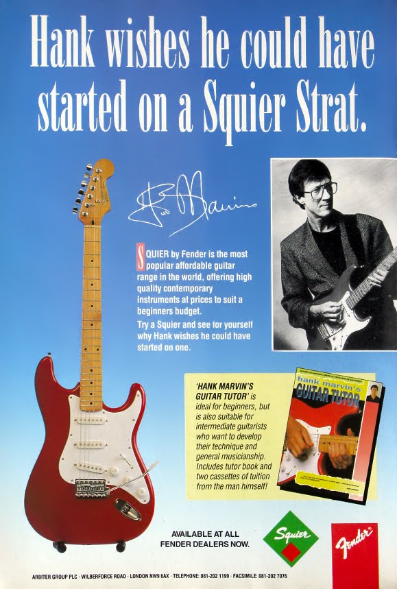 1991 - Hank Marvin advertises the Squier Stratocasters made in Korea