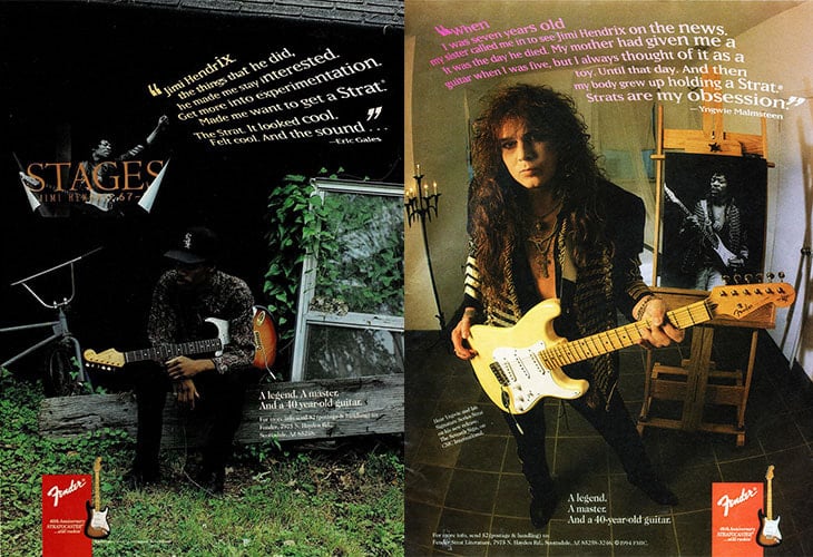 Two 1994 advertisements featuring Eric Gales (or Yngwie Malmsteen) with a picture of Jimi Hendrix. Although Eric and Yngwie are pictured holding a Strat under their arm it’s not the anniversary model, but at least a small image of the 1954 Limited Edition does appear at the bottom of these 1994 adverts. The tagline reads, “A legend. A master. And a 40 year-old guitar.”