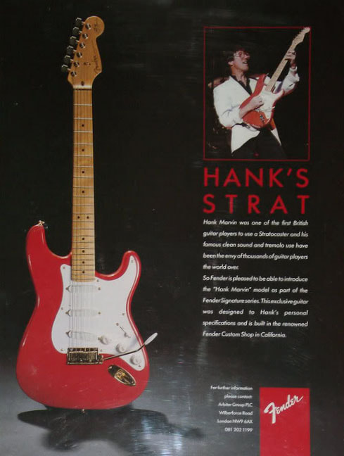 Advert delle 20 Custom Shop Hank Marvin del 1990, munite di Lace Sensors e MDA, in seguito ritirate perchè non autorizzate da Hank