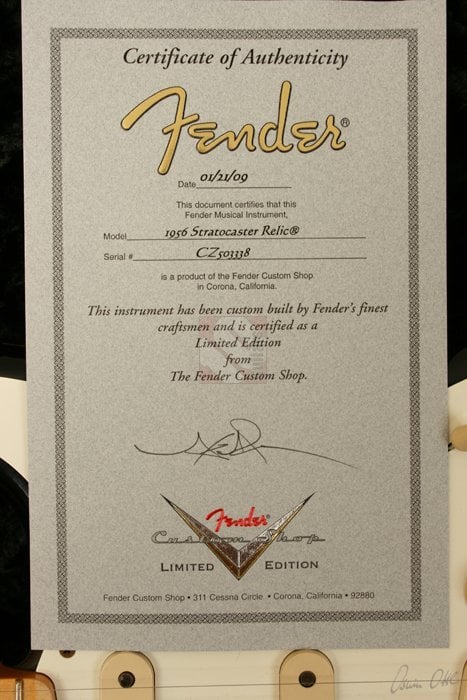 Limited Ed. 1956 Stratocaster Relic certificate