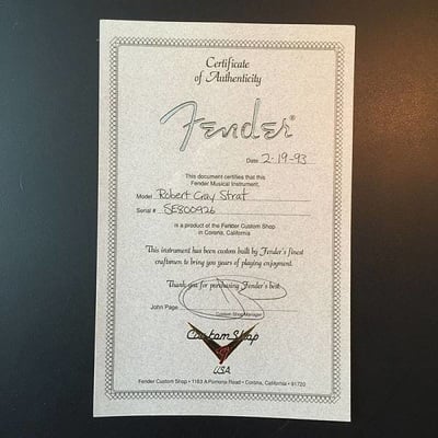 Robert Cray stratocaster Certificate
