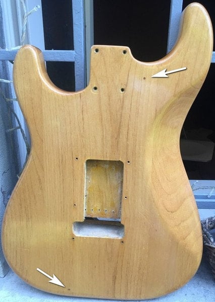 Dowel Holes on the back of a 1965 Stratocaster body, Courtesy of ReCaster