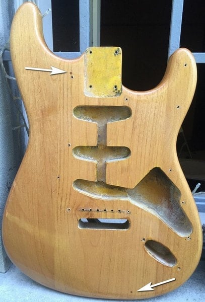 Dowel Holes on the front of a 1965 Stratocaster body, Courtesy of ReCaster