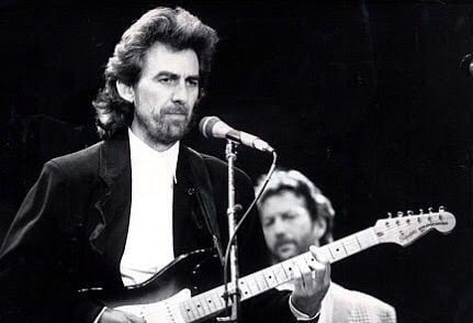 George Harrison with the JV Strat he gave to his son Dhani, Price's Trust Rock Gala, June 5, 1987