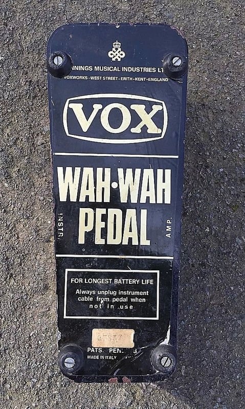 Queen's Award symbol printed on the base plate of a 1967 Italian Vox Wah Wah