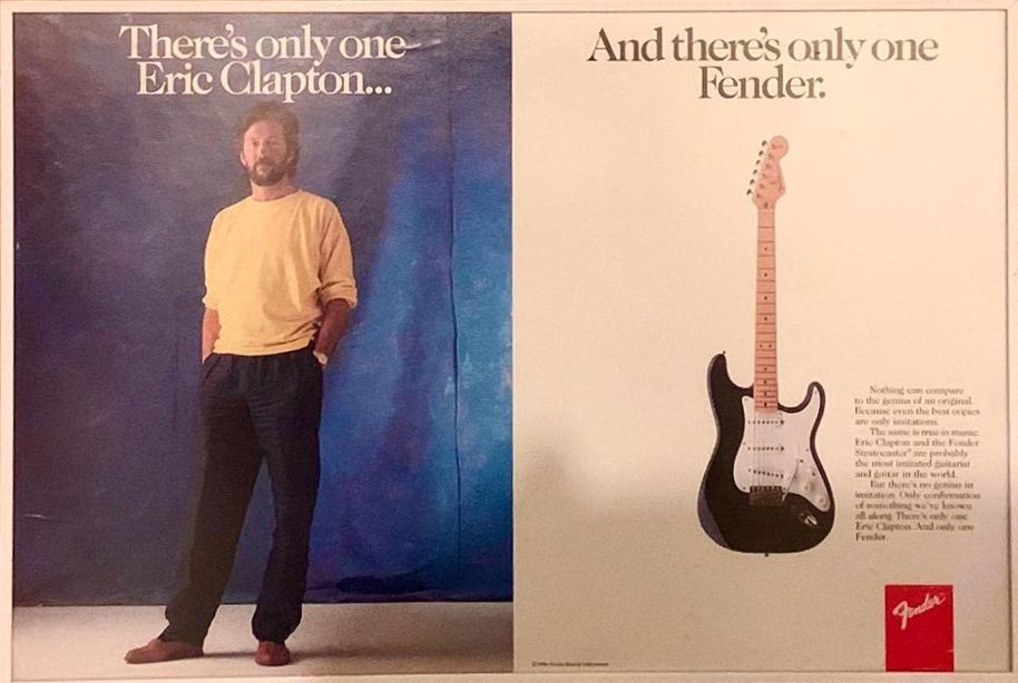 One of the very first advert of the Eric Clapton Stratocaster, Rolling Stone magazine. There really is only one Eric Clapton and there really is only one Fender emphasizes the rebirth and rebranding of the new post-CBS Fender.