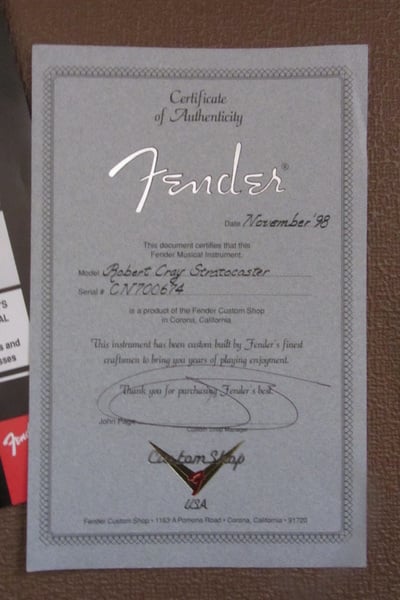 Robert Cray stratocaster Certificate