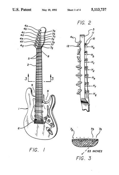 Alex Gregory's patent for seven-string electric guitars
