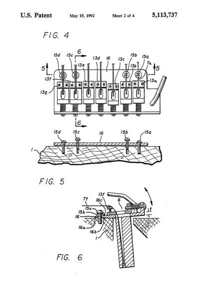 Alex Gregory's patent for seven-string electric guitars: bridge