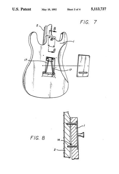 Alex Gregory's patent for seven-string electric guitars: tremolo cavity