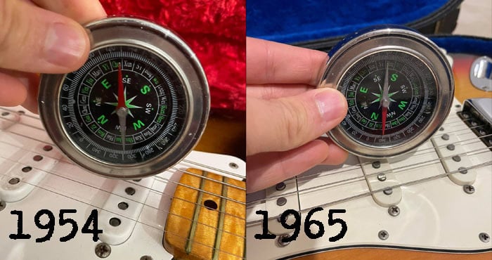 Confronto tra poli magnetici di una Stratocaster del 1954 e quelli di una del 1965