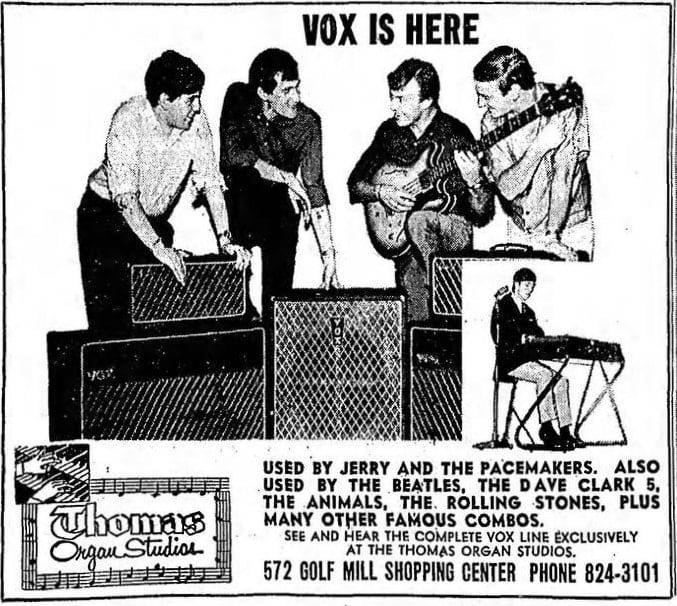 One of the first advertising flyers announcing the arrival of the Vox in the USA, imported by Thomas Organ, Chicago Tribune (December, 1964)