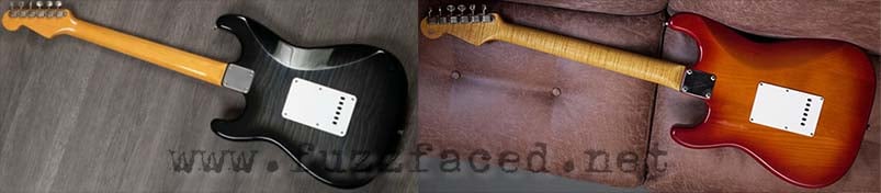 On the left side: Collectable Stratocaster with a blue foto flame finish, with foto flame back and top; On the right: Foto Flame Stratocaster, only body top foto flame, not the back, and foto flame neck with logo.