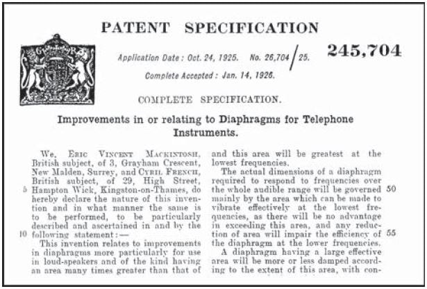Uno dei primi brevetti di Cyril ed Eric, 1925