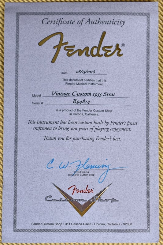 Vintage Custom 1955 Stratocaster certificate