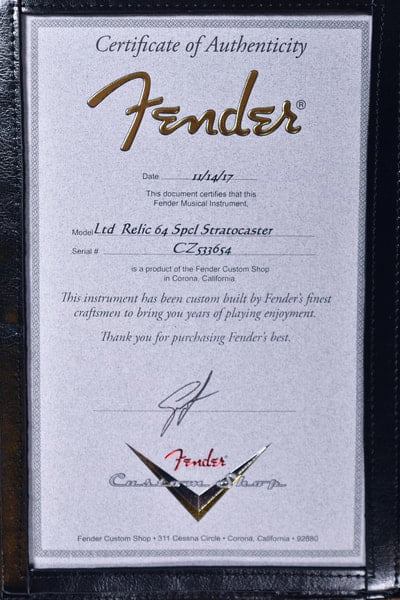 Limited Edition Relic '64 Special Strat certificate