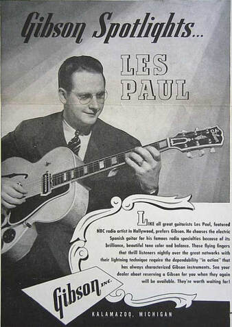 Il legame tra la Gibson e Les Paul è testimoniato dai numerosi advert che lo riguardano. In foto un advert del 1946 raffigurante Les con una Pre-war del 1946