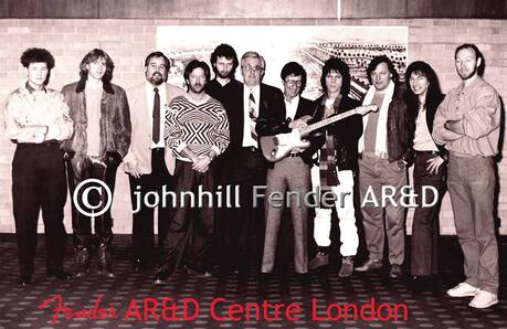 1986 party for Hank Marvin at Hilton, London. From left: Stuart Adamson, Hal Lindes, Dan Smith, Eric Clapton, John Hill, Bill Schultz, Hank Marvin, Jeff Beck, David Gilmour, Stewe Howe, Richard Thompson. 