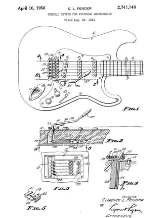 Synchronized Tremolo Patent, filed on 30th August 1954, approved on 10th April 1956