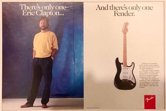 Una delle primissime pubblicità della Clapton, apparsa sulla rivista Rolling Stone. La Fender era molto impegnata nel rebranding dopo il declino del periodo CBS e associare la nuova Fender ad un chitarrista che aveva reso celebrile le pre-CBS Blackie e Brownie era una tappa fondamentale del proprio rilancio.