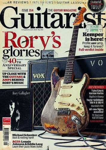 La copertina della rivista Guitarist, maggio 2012, in cui compare la Stratocaster di Rory con il suo Vox AC30 e il Rangemaster Treble Booster 