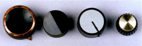 Different knobs used on Marshall amps, from left to right: Radiogram, V-Top black, Siverface Black Pointer and the Classic Marshall knob