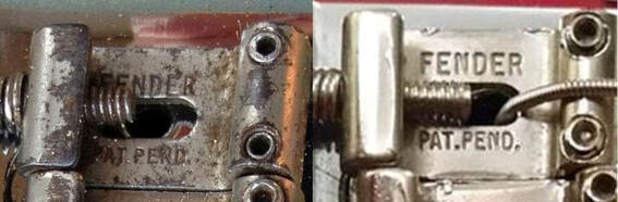Comparison between a pre-CBS Stratocaster saddle, with sharper edges, and that of a 2013 reissue, with smoother edges