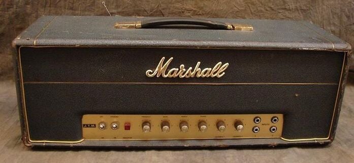 Marshall 1987 lead, 50 watts, with black J.T.M. logo and devoid of MKII, High Treble and Normal labels, Courtesy of Amp Archives