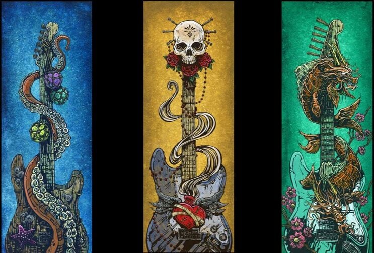 The three new Stratocaster guitar-themed pieces painted by Lozeau at 2015 Winter NAMM