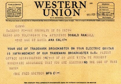 Il telegramma, datato 20 febbraio del 1951, con cui la Gretsch intimava la Fender di cessare l'utilizzo del nome Broadcaster