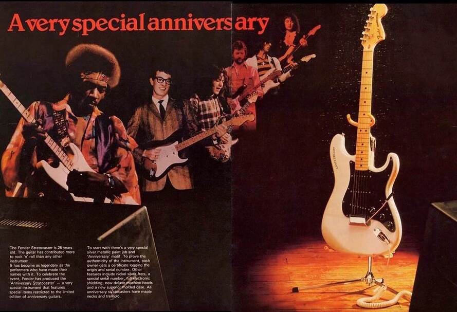 The 1979 catalog commemorated the 25th Anniversary of the Stratocaster with a lineup of six legenday Stratocaster guitar players: Jimi Hendrix, Buddy Holly, Rory Gallagher, Eric Clapton, Jeff Beck, and Ritchie Blackmore