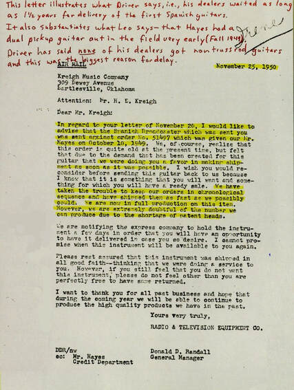 La lettera datata 25 Novembre 1950 scritta da Don Randall al Kreigh Music Company