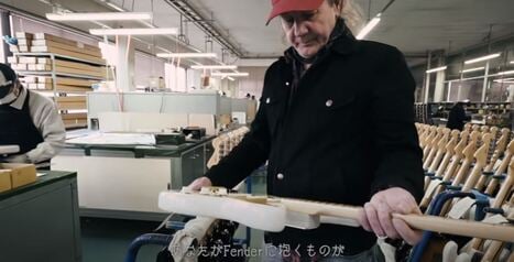 Mark Kendrick at Dyna Gakki factory with a made in Japan Heritage Strat