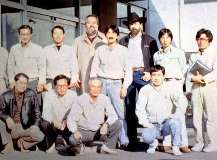 Dan Smith, Makoto Nick Sugimoto and Michael Stevens with Fujigen’s R&D employees in 1988