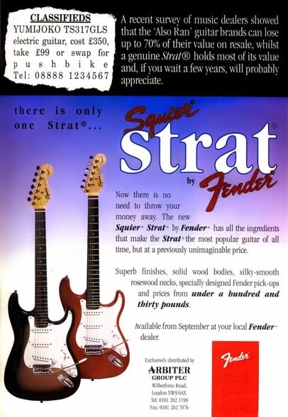 Advertisement of the first Squier Tradition Strats