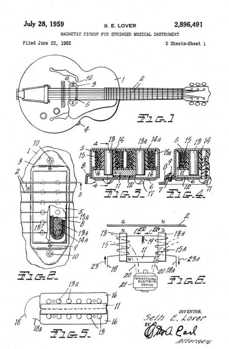 Seth's humbucking pickup patent: filed June 22, 1955, approved July 28, 1959