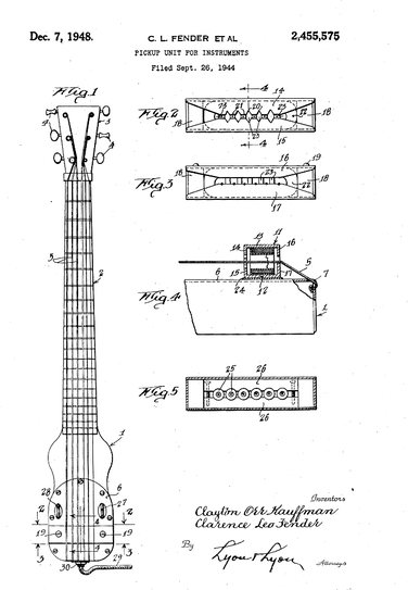 Il brevetto del pickup unit for stringed instruments, depositato da Leo Fender e Doc Kauffman il 26 settembre del 1944 e approvato il 7 dicembre del 1948
