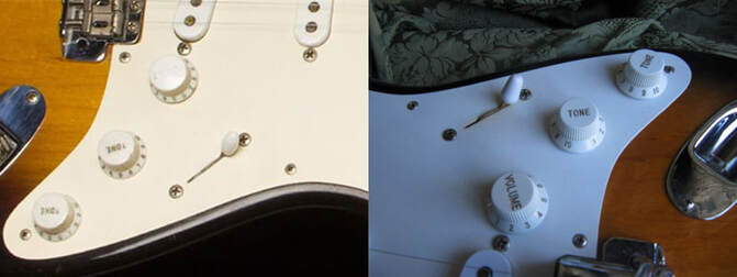Comparison between knobs and tip of an original 1954 Stratcaster, on the left, and the 1994 Anniversary model, on the right