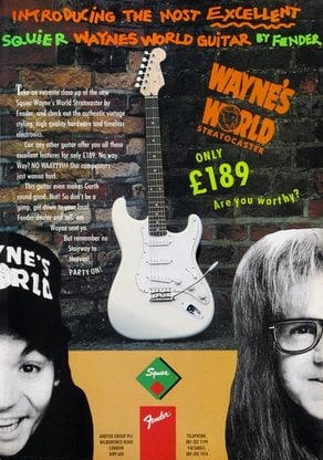 L'advert della Squier Wayne's World Strat del 1993, in cui però la chitarra monta stranamente delle Gotoh