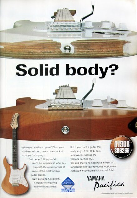 Advert del 1995 della Yamaha Pacifica che attaccava le chitarre dal corpo in compensato